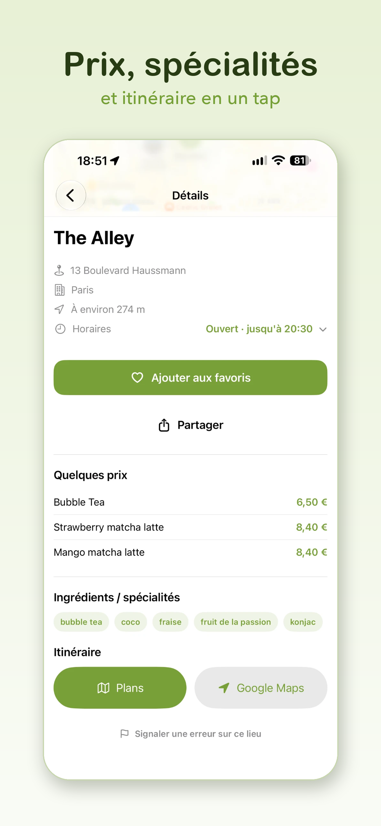 Fiche d’un lieu dans FoodTag : prix, ingrédients, horaires et itinéraire