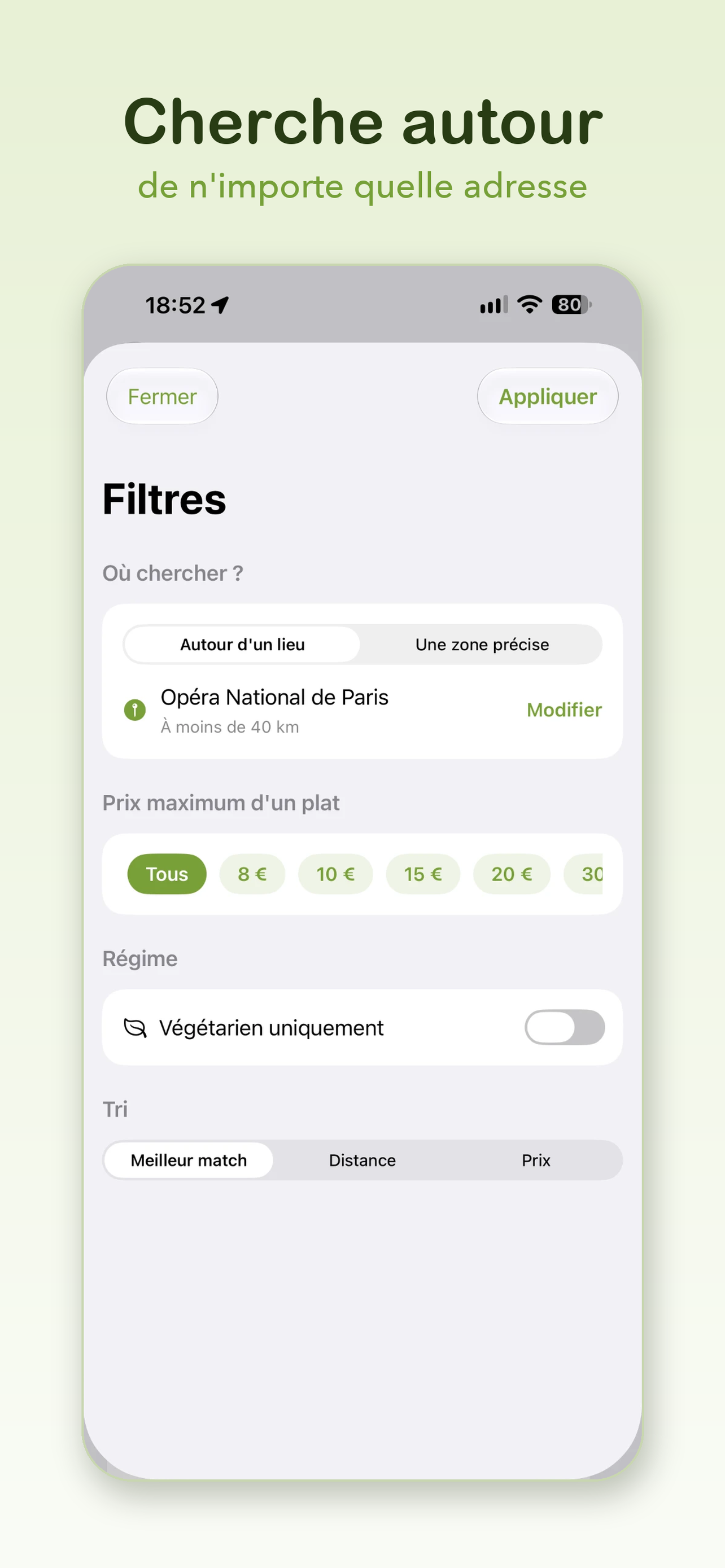 Filtres de FoodTag : zone, prix maximum, régime et tri