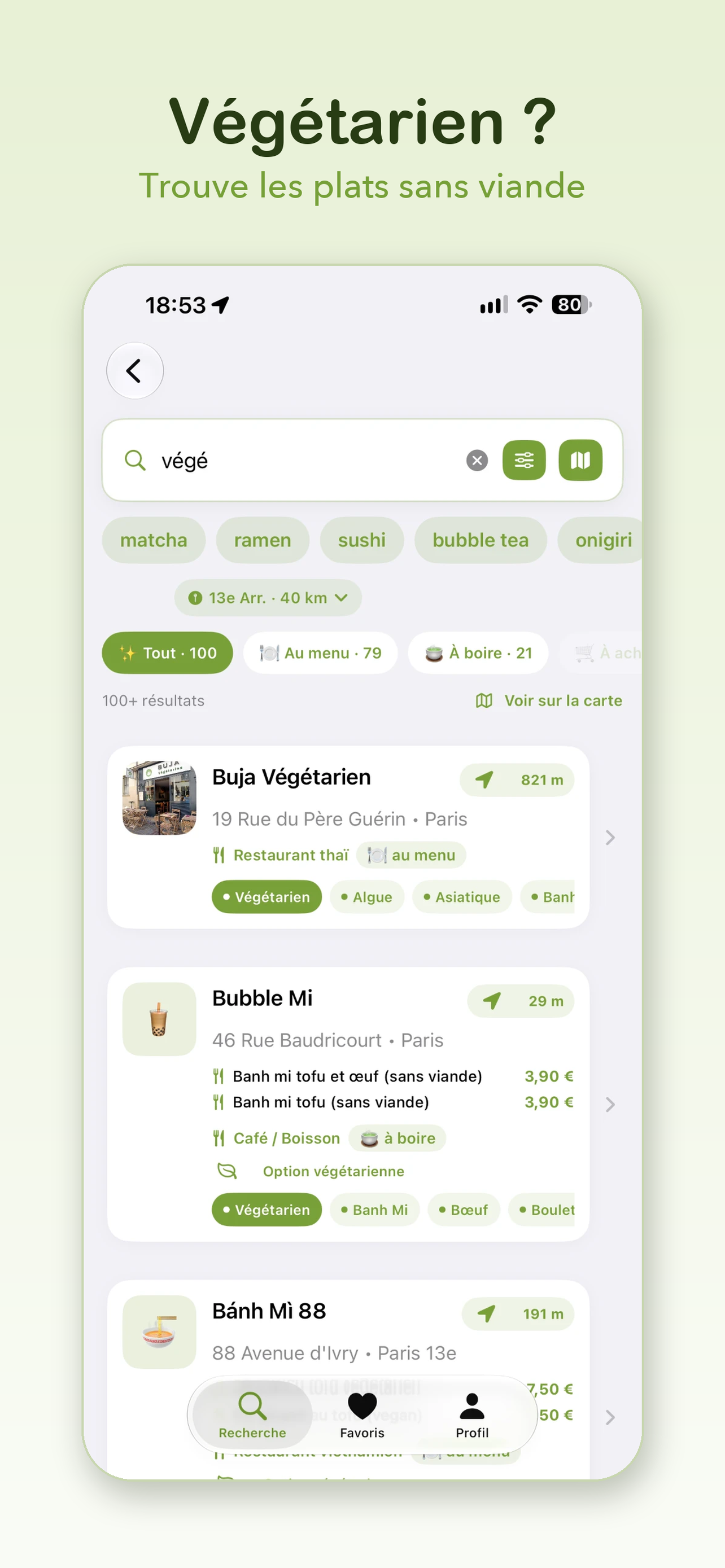 Recherche végétarienne dans FoodTag