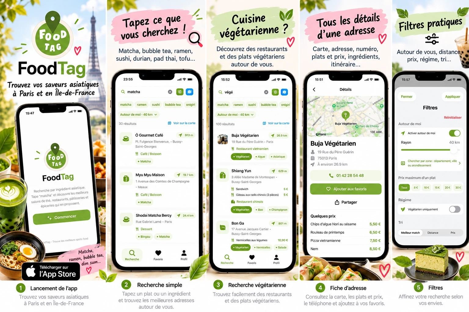 Aperçu de FoodTag : recherche par plat ou ingrédient, cuisine végétarienne, fiche d'adresse complète et filtres pratiques